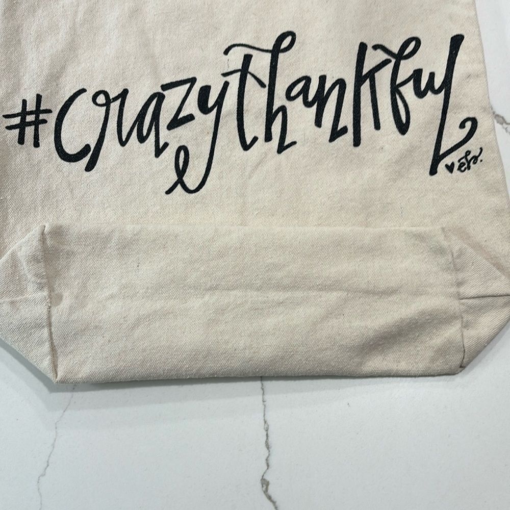 #CrazyThankful Cream Canvas Tote Bag Crazy Thankful Black Logo Medium Shoulder - Picture 3 of 13